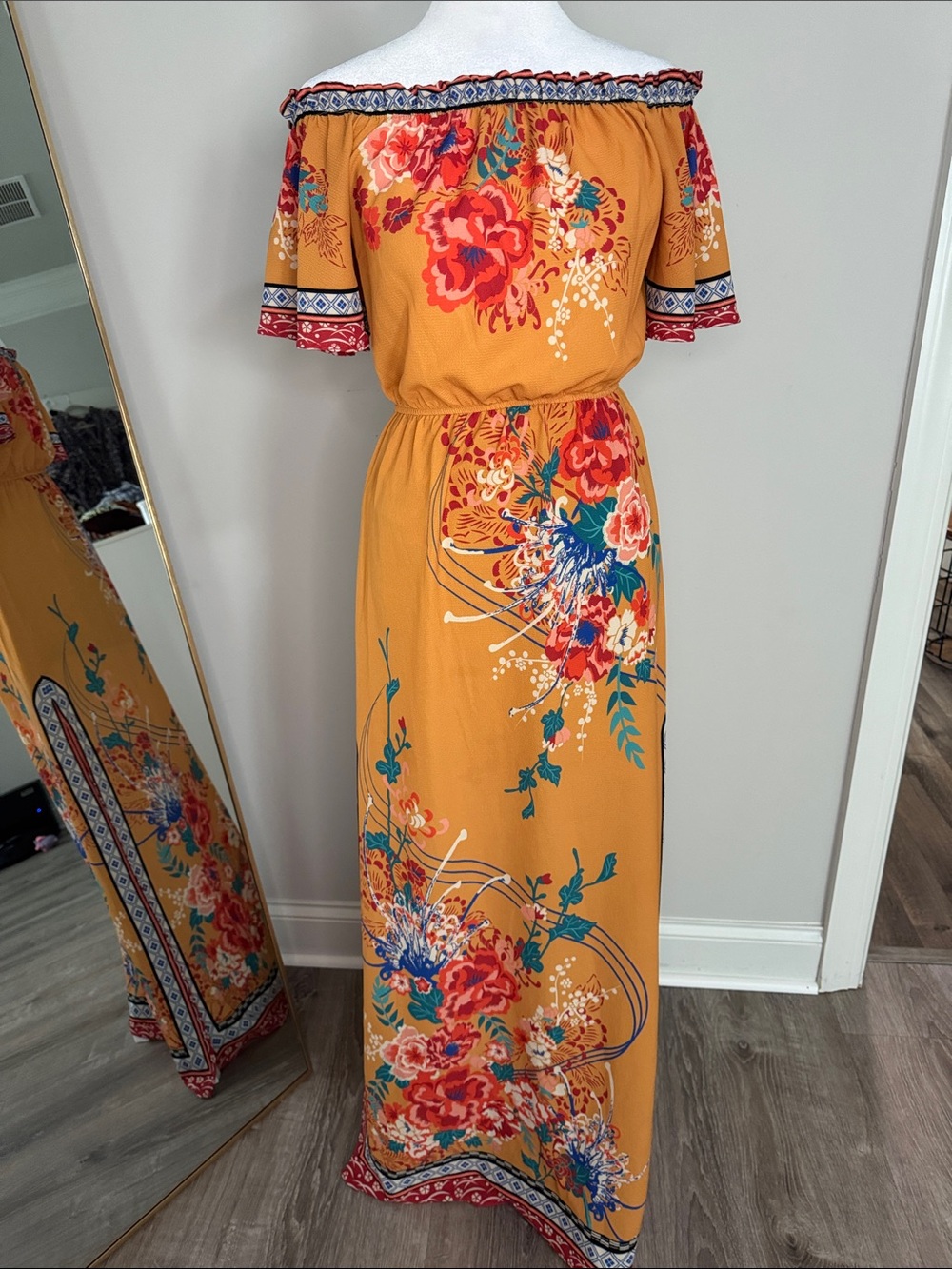 Flying Tomato Mustard Floral Off-Shoulder Maxi Dress